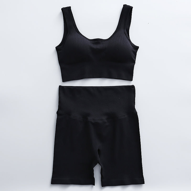 Seamless Ribbed Crop Tank High Waist Bike Short Set - Black - IVYPHANT