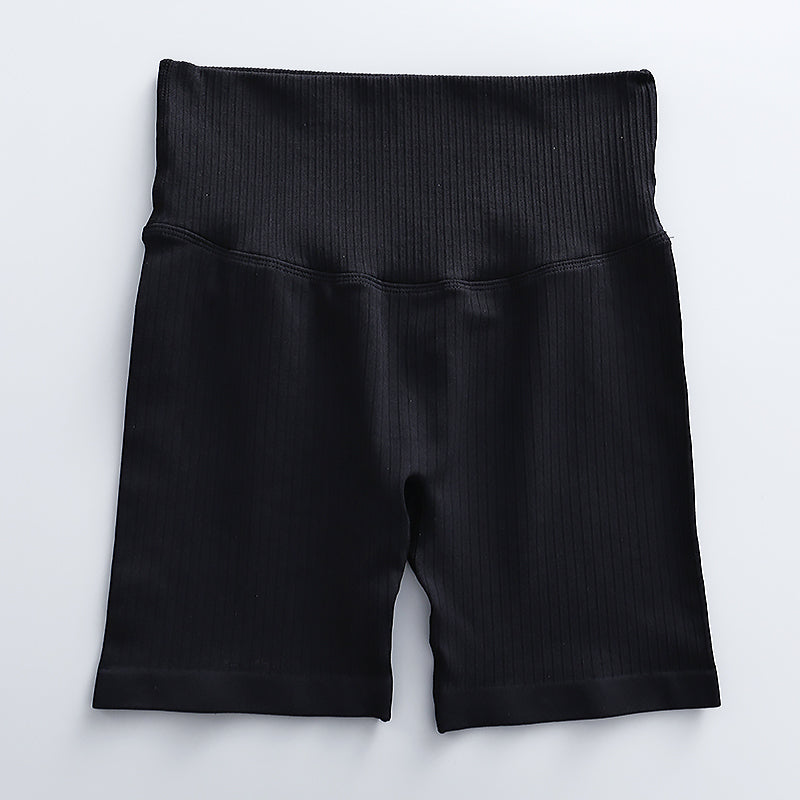 Seamless Ribbed Crop Tank High Waist Bike Short Set - Black - IVYPHANT