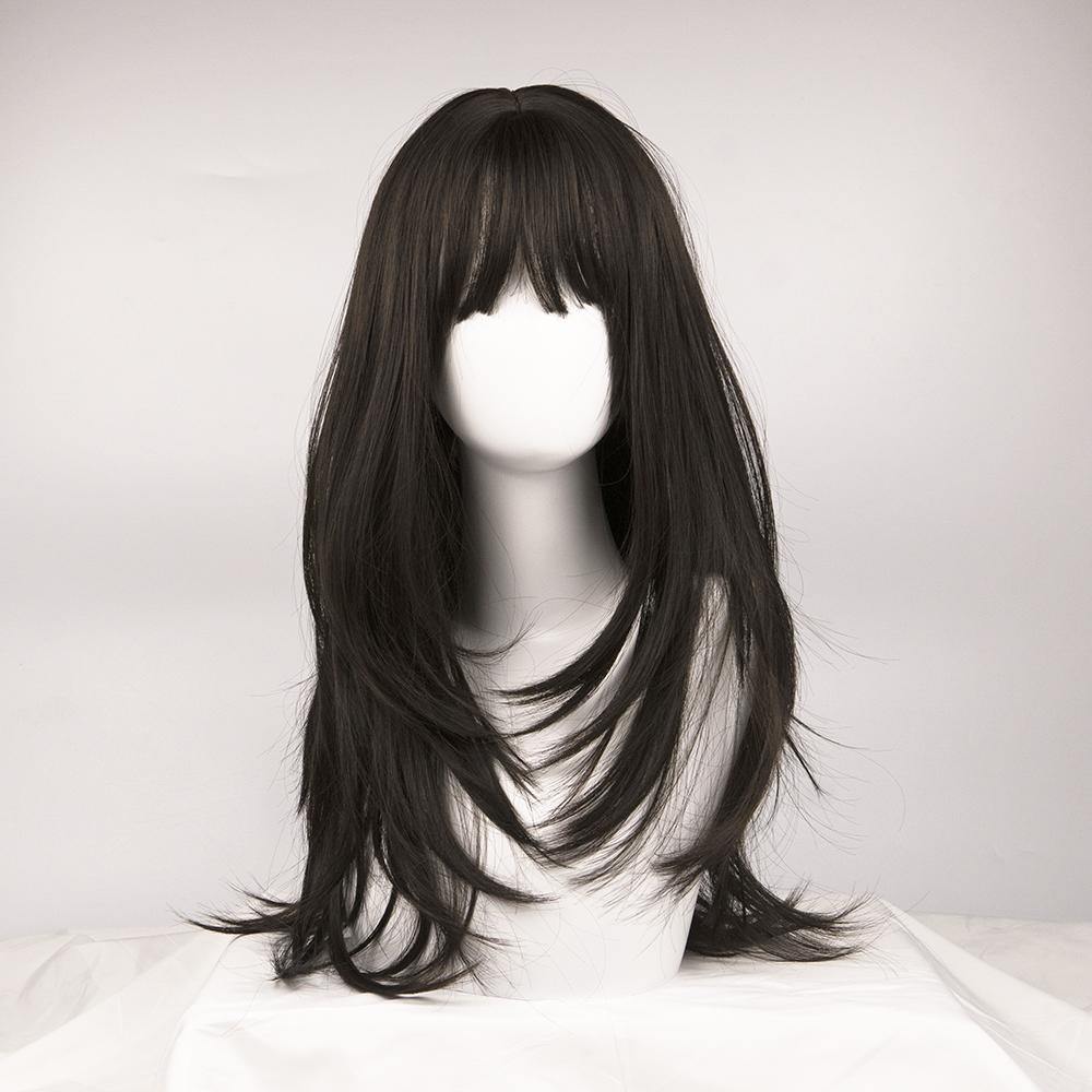 Long Straight Wig with Bangs - Dark Brown - IVYPHANT