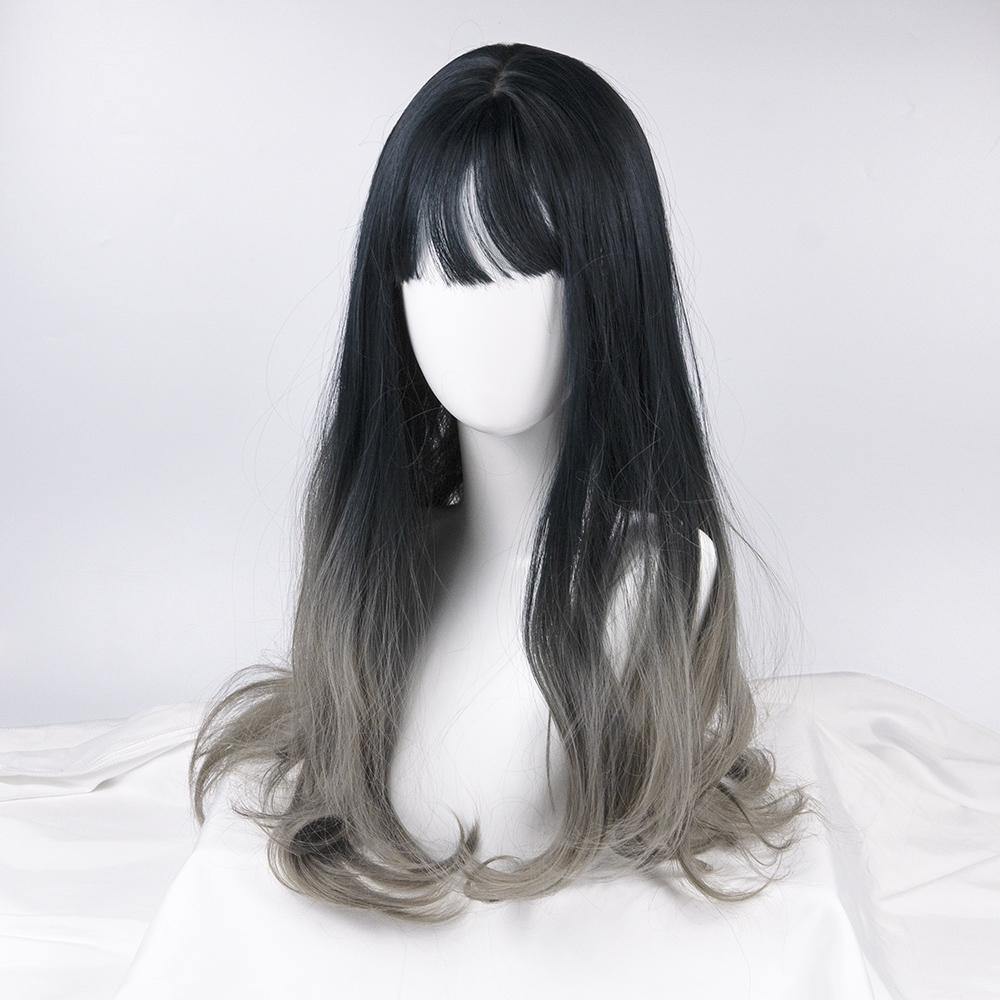 Midnight Blue To Ash Grey Ombre Long Wig With Bangs Wigs