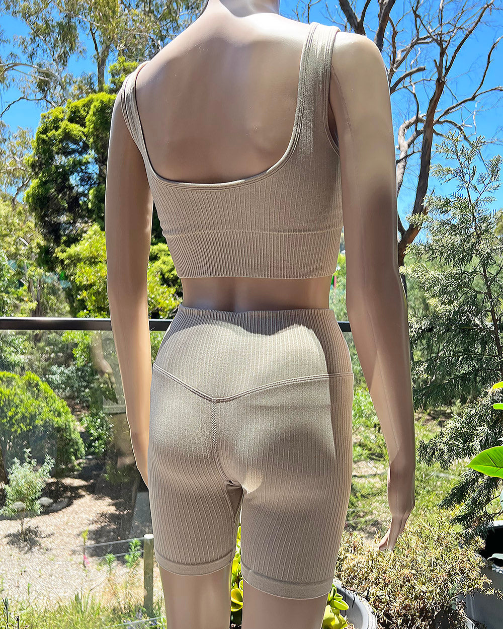 Seamless Ribbed Crop Tank High Waist Bike Short Set - Beige - IVYPHANT
