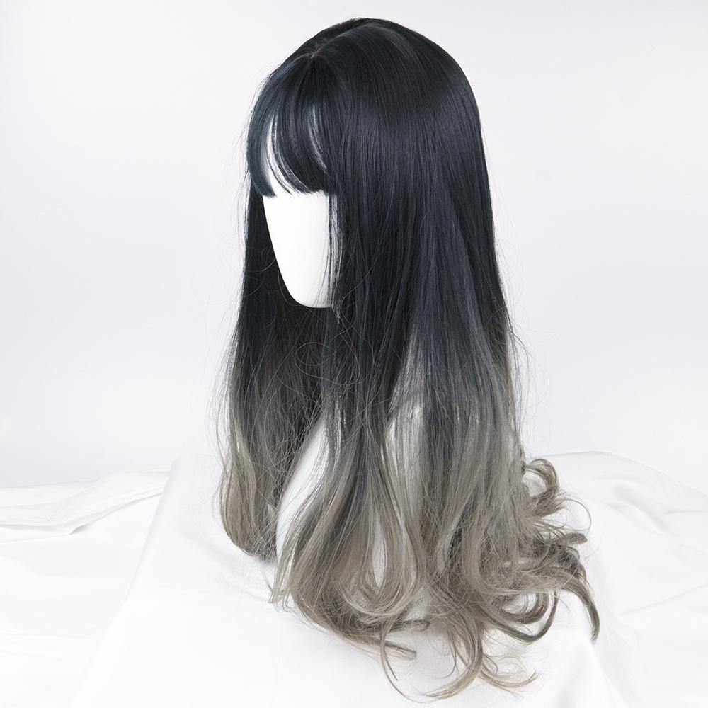 Midnight Blue To Ash Grey Ombre Long Length Wig With Bangs - IVYPHANT