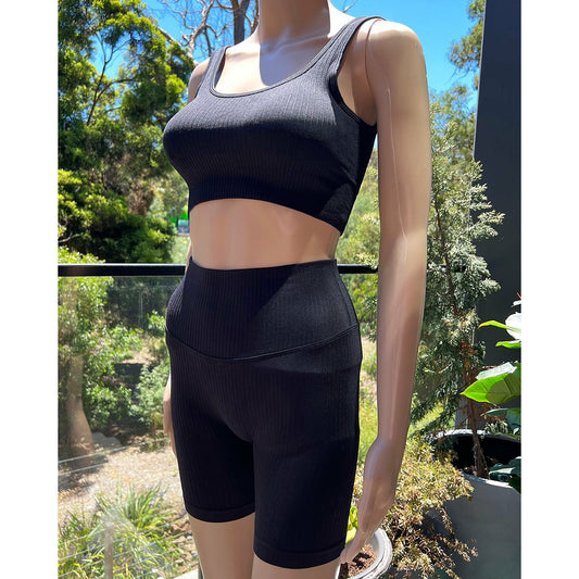 Seamless Ribbed Crop Tank High Waist Bike Short Set - Black - IVYPHANT