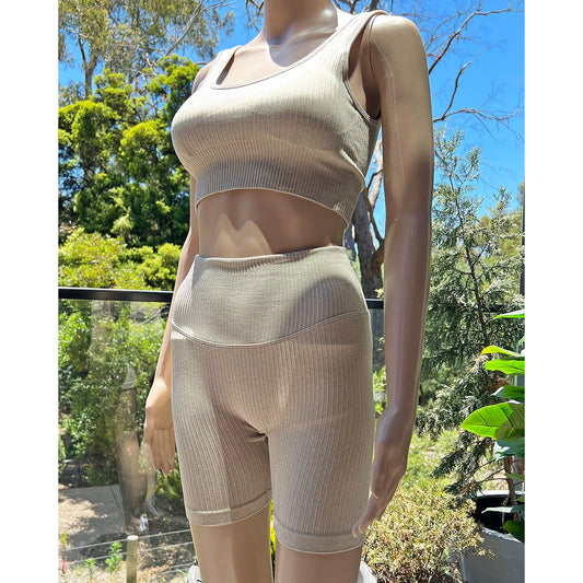 Seamless Ribbed Crop Tank High Waist Bike Short Set - Beige - IVYPHANT